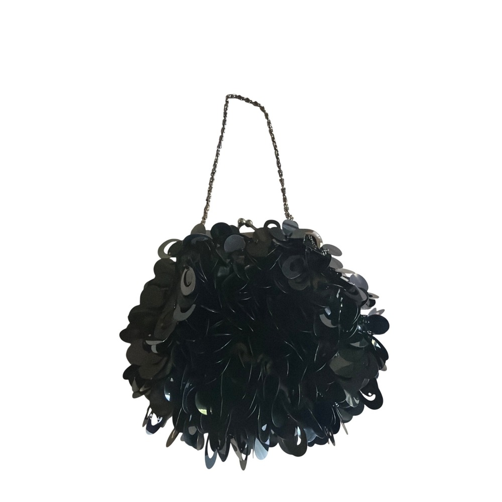 Jessica McClintock Evening Bag Black Sequin Paillette Kiss-Lock Chain Clutch